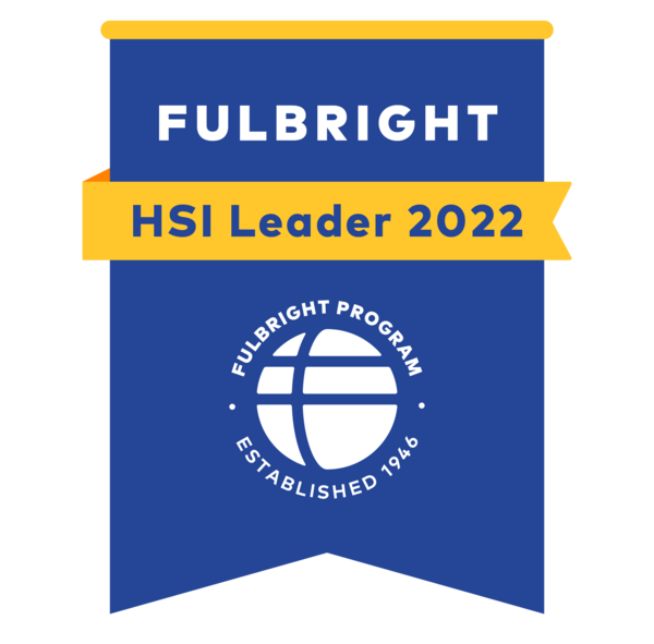 Blue banner with text that says Fulbright HSI Leader 2022 on yellow background