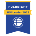 Blue banner with text that says Fulbright HSI Leader 2022 on yellow background